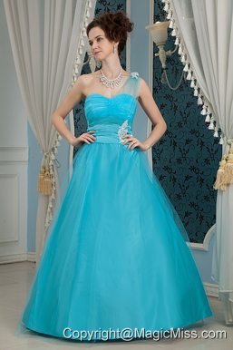 Elegant Sky Blue Prom Dress A-line One Shoulder Tulle and Taffeta Appliques Floor-length