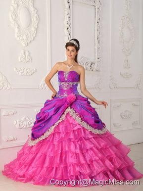Hot Pink Ball Gown Strapless Floor-length Organza and Taffeta Lace and Appliques Quinceanera Dress