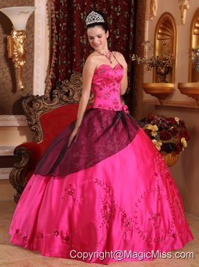 Hot Pink Ball Gown Sweetheart Floor-length Satin Embroidery with Beading Quinceanera Dress