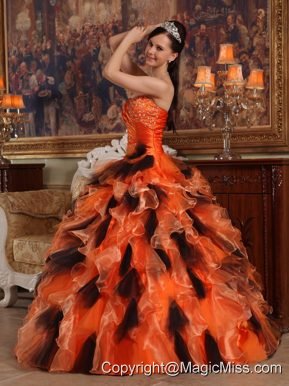 Orange and Black Ball Gown Strapless Floor-length Organza Quinceanera Dress