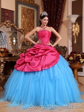 Red and Blue Ball Gown Strapless Floor-length Appliques with Beading Quinceanera Dress