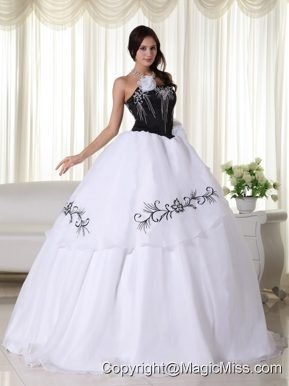White Ball Gown Strapless Floor-length OrganzaEmbroidery Quinceanera Dress