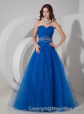 Blue A-line Sweetheart Floor-length Tulle Beading and Ruch Prom / Evening Dress