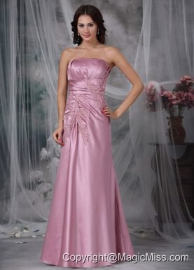 Rose Pink Column Strapless Floor-length Appliques Taffeta Prom Dress