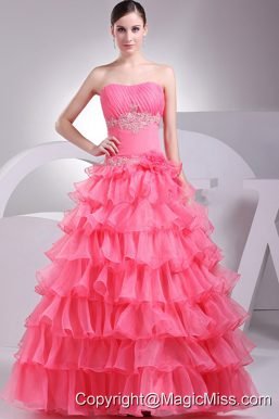 Appliques and Ruching Decorate Bodice Ruffled Layers Watermelon Red 2013 Prom Dress
