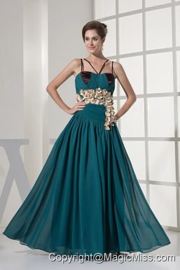 Teal Prom Dress With Hand Made Flowers and Straps