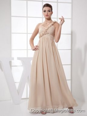 Hand Made Flowers Decorate Bodice Champagne Chiffon One Shoulder Ankle-length 2013 Prom Dress