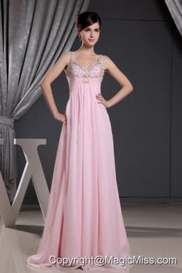 Straps Baby Pink and Beaded Decorate Bust For Prom Dress