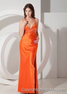 Modest Orange Column / Sheath Halter Beading Prom Dress Floor-length Elastic Woven Satin