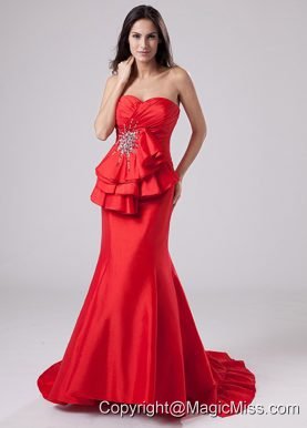 Mermaid Sweetheart Taffeta Brush/Sweep Prom Dress Red Beading