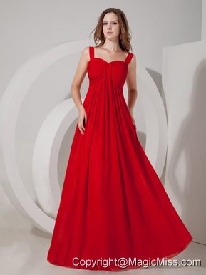Inexpensive Red Empire Straps Prom Dress Chiffon Ruch Floor-length