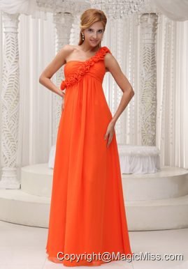 Hand Made Flowers Decorate One Shoulder Orange Chiffon Empire Floor-length For Prom Dress