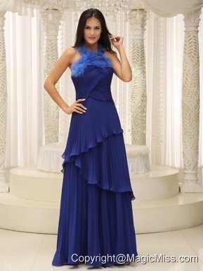 Feather Halter Top and Pleat 2013 Prom Dress Royal Blue For Graduation