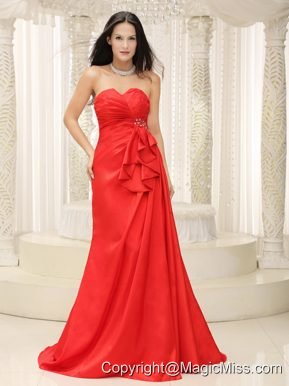 Sweetheart Red Prom Dress Ruched Bodice Brush Train Lace-up