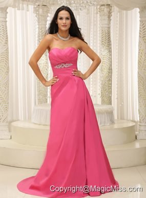 Rose Pink Sweetheart Ruched Bodice Satin Appliques For Prom Dress
