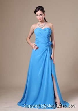 Teal High Slit Sweetheart Neckline Ruch and Flowers Decorate Bridesmaid Dress