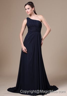 Navy Blue One Shoulder Neckline For Wedding Party With Chiffon Bridesmaid Dress