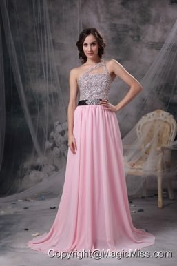Baby Pink Empire One Shoulder Brush Train Chiffon Beading Prom Dress