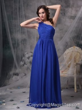 Blue Empire One Shoulder Brush Train Chiffon Beading Prom Dress