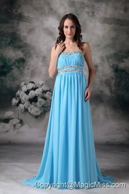 Baby Blue Empire Strapless Brush Train Chiffon Beading Prom / Evening Dress