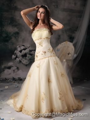 Champagne A-Line / Princess Strapless Brush Train Organza Embroidery Prom Dress