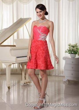 Watermelon Red Prom / Cocktail Dress Sweetheart Appliques With Beading Fabric With Rolling Flower Mini-length
