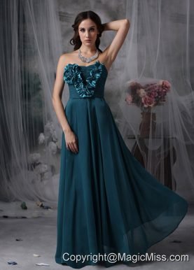 Turquoise Empire Strapless Floor-length Chiffon Hand Made Flowers Prom / Evening Dress