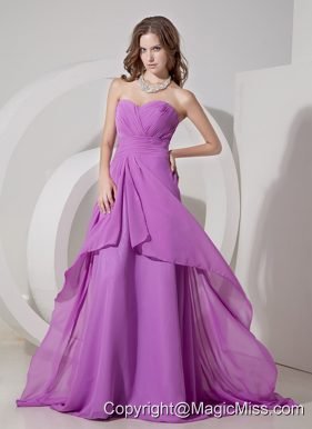 Lavender Empire Sweetheart Brush Train Chiffon Ruch Prom Dress