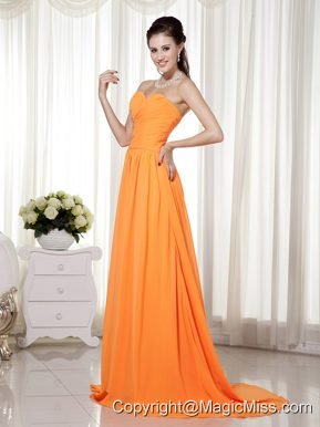 Orange Empire Sweetheart Brush Train Chiffon Beading and Ruch Prom / Celebrity Dress