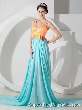Aqua Blue and Orange Empire V-neck Brush Train Chiffon Beading Prom Dress