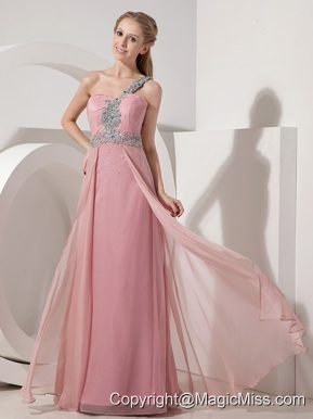 Pink Column One Shoulder Floor-length Chiffon Beading Prom Dress