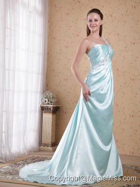 Light Blue Empire One Shoulder Brush /Sweep Elastic Woven Satin Beading Prom Dress