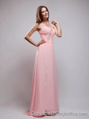 Baby Pink Empire One Shoulder Brush Train Chiffon Beading and Ruch Prom Dress