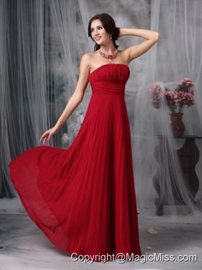Simple Wine Red Evening Dress Empire Strapless Chiffon Ruch Floor-length