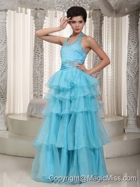Aqua Blue Empire Halter Floor-length Organza Beading Prom / Evening Dress