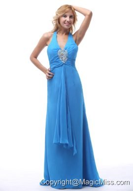 2013 Sky Blue Halter Beaded Prom / Evening Dress With Brush Train For Custom Made In Brandon