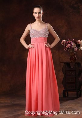Beaded Decorate Straps and Bust Ruch Watermelon Red Chiffon Floor-length 2013 Prom / Evening Dress