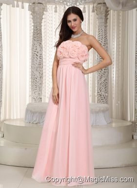 Baby Pink Empire Strapless Floor-length Chiffon Hand Made Flowers Prom Dress