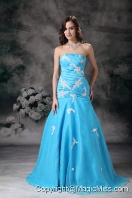 Aqua Blue Mermaid Strapless Brush Train Organza Appliques Prom / Evening Dress