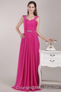Hot Pink Empire Straps Floor-length Chiffon Beading Prom / Pageant Dress