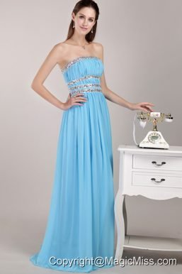 Aqua Blue Empire Strapless Floor-length Chiffon Beading Prom / Party Dress