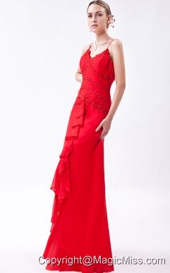 Red Column Straps Floor-length Chiffon Beading Prom Dress