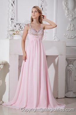 Baby Pink Empire Straps Brush Train Chiffon Beading Prom Dress