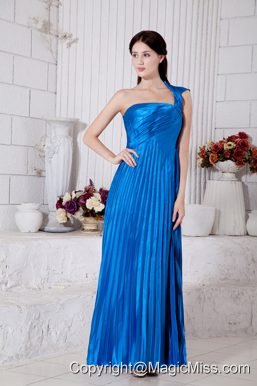 Blue Empire One Shoulder Tea-length Taffeta Pleat Prom / Homecoming Dress