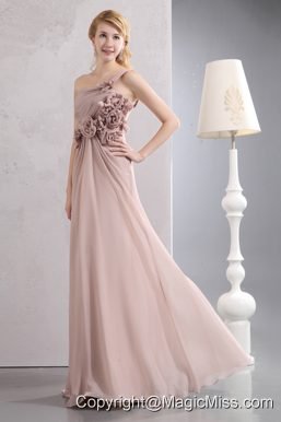 Pink Empire One Shoulder Floor-length Chiffon Hand Made Flowers Prom Dress