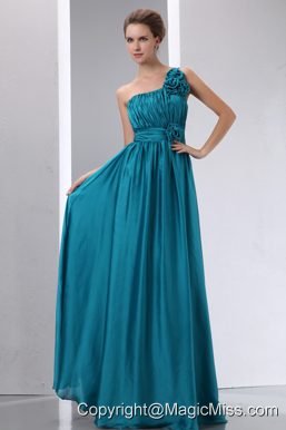 Cheap Teal Prom Dress Empire One Shoulder Hand Made Flowers and Ruch Floor-length Chiffon and Elastic Wove Satin