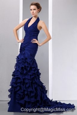 Beautiful Navy Blue Mermaid Halter Prom Dress Court Train Chiffon Ruch and Ruffles