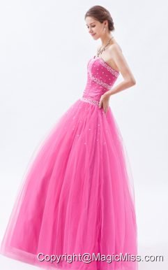 Hot Pink A-line / Princess Sweetheart Floor-length Tulle Beading Prom Dress