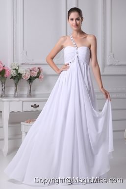 One Shoulder Beading Ruching Empire Long Wedding Dress