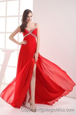 Straps High Slit Empire Beading Long Red Prom Dress